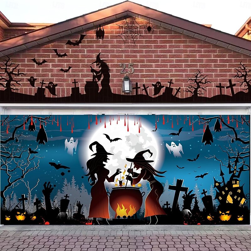 Halloween Garage Door Cover Witch with Poison Bats Tomb and Castle Night Scene Banner Haunted House Horror Spooky Backdrop Tapestry for Outdoor Wall Fence Yard Decoration4