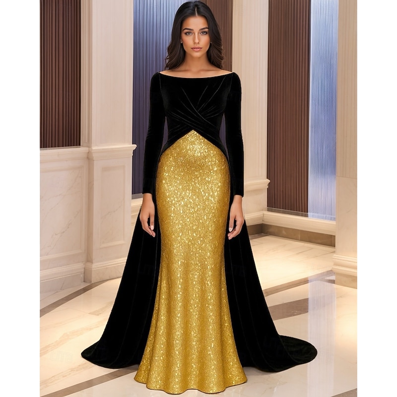Black and Gold A-Line Mermaid / Trumpet Stretch Velvet Evening Gown Elegant Dress Formal Wedding Sweep / Brush Train Long Sleeve Boat Neck Sequined with Ruched 2025