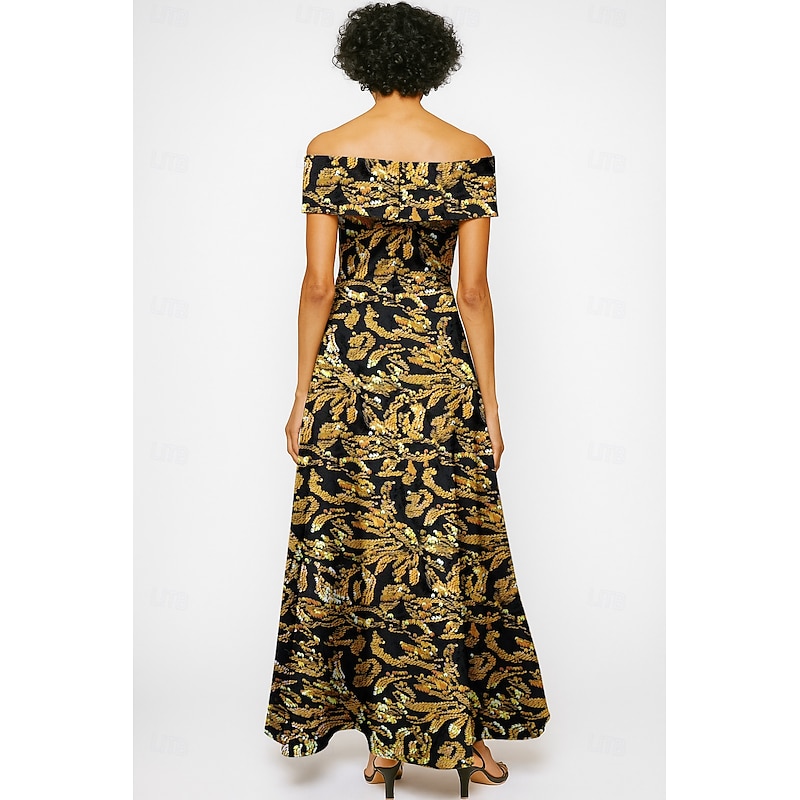 Gold A-Line Evening Gown Elegant Formal Dress Formal Wedding Floor Length Short Sleeve Off Shoulder Sequined with Glitter Pleats Embroidery 20253