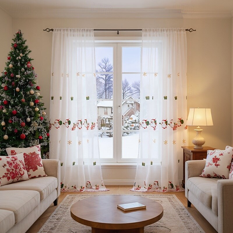 Christmas Sheer Curtains, American Style Holiday Embroidered Window Drapes, Bell and Snowflake Design, Ready-Made Home Decoration
