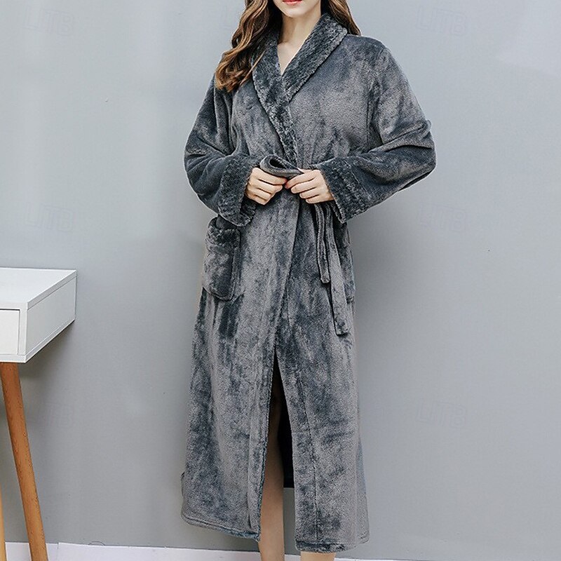 Women's Pajamas Robe Fashion Pure Color Pocket Vacation Home Bed Long Sleeve Lapel White Pink Wine Navy Blue Gray Fall Winter Tailored Fit2