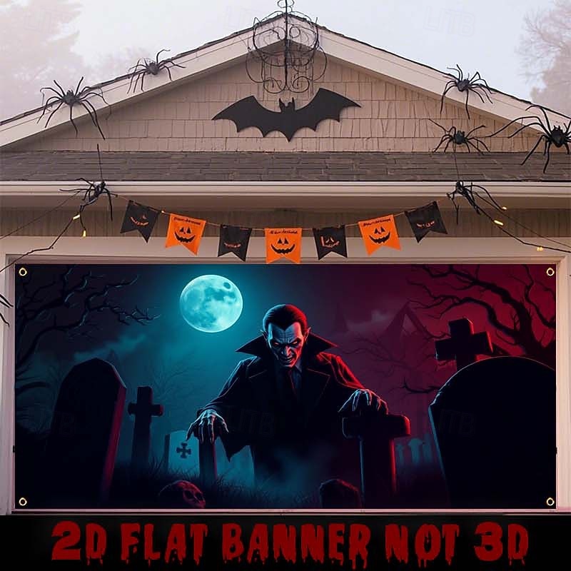 Halloween Garage Door Cover Cemetery Vampire Moon Ghost Bride Large Outdoor Backdrop with Grommets Yard Front Porch Wall Decorations Spooky Party Scene