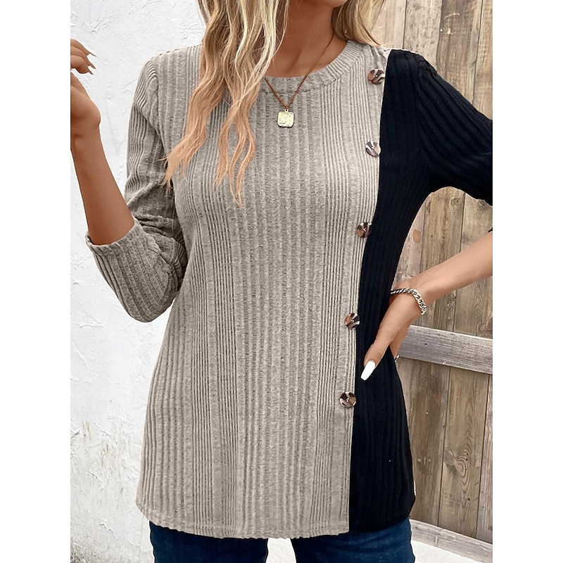 Women's Blouse Solid Color Stylish Casual Long Sleeve Crew Neck Regular Tops Daily Buttons Khaki Spring Fall Winter3