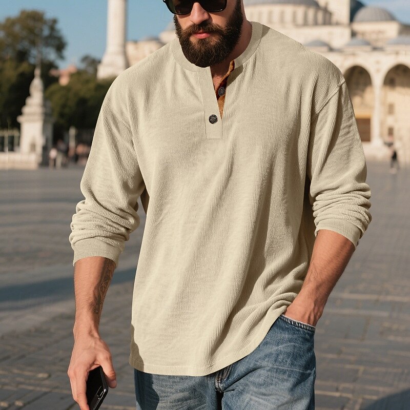 Men's T Shirt Corduroy Shirt Henley Shirt Tee Long Sleeve Henley Spring Fall Plain Fashion Designer Basic Buttons Vacation Street Going out Black Wine Brown Top Tee for Men
