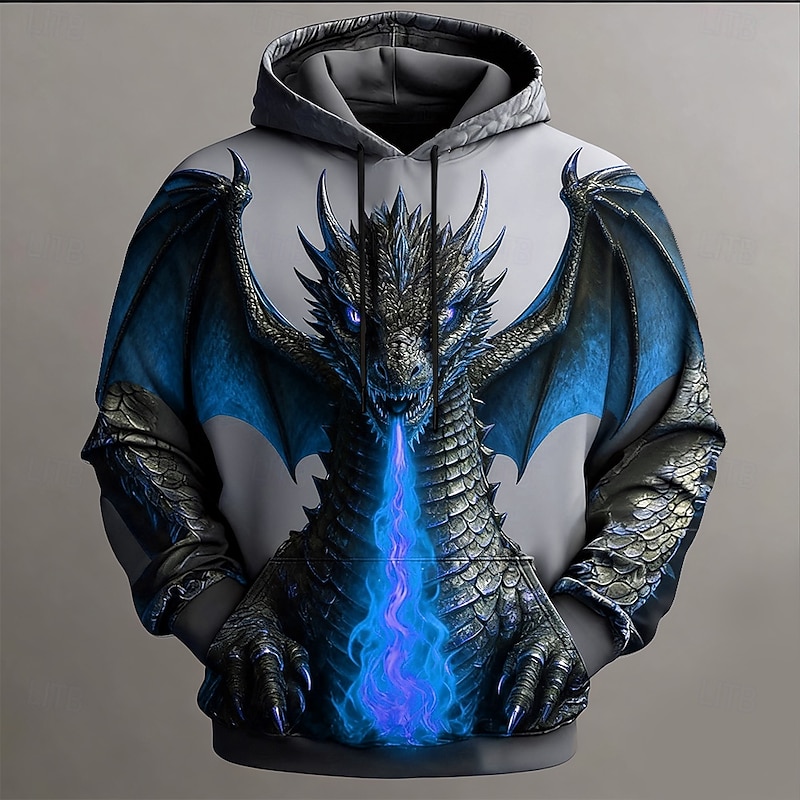 Men's Dragon 3D Hoodie Sweatshirt Cool Party Crew Neck Club Streetwear Yellow Red Drawstring Fall Winter Designer2