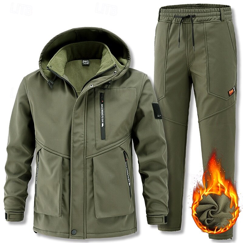 Men's Hiking Jacket Fleece Jacket Puffer Jacket Thermal Set Winter Outdoor Thermal Warm Waterproof Top Black Green Grey2