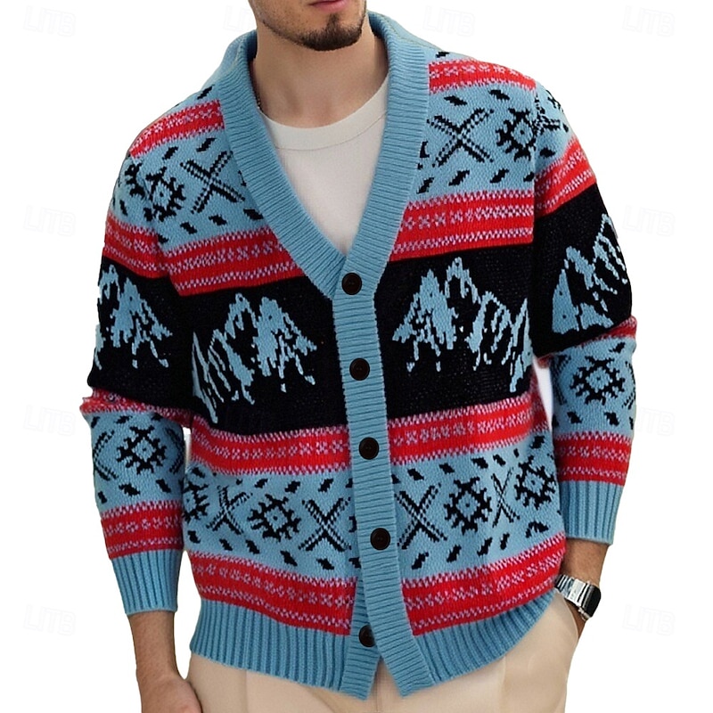 Men's Geometric Fair isle Sweater Cardigan Sweater V Neck Casual School Vacation Daily 3D Print Keep Warm Long Sleeve Spring Fall Winter Blue2