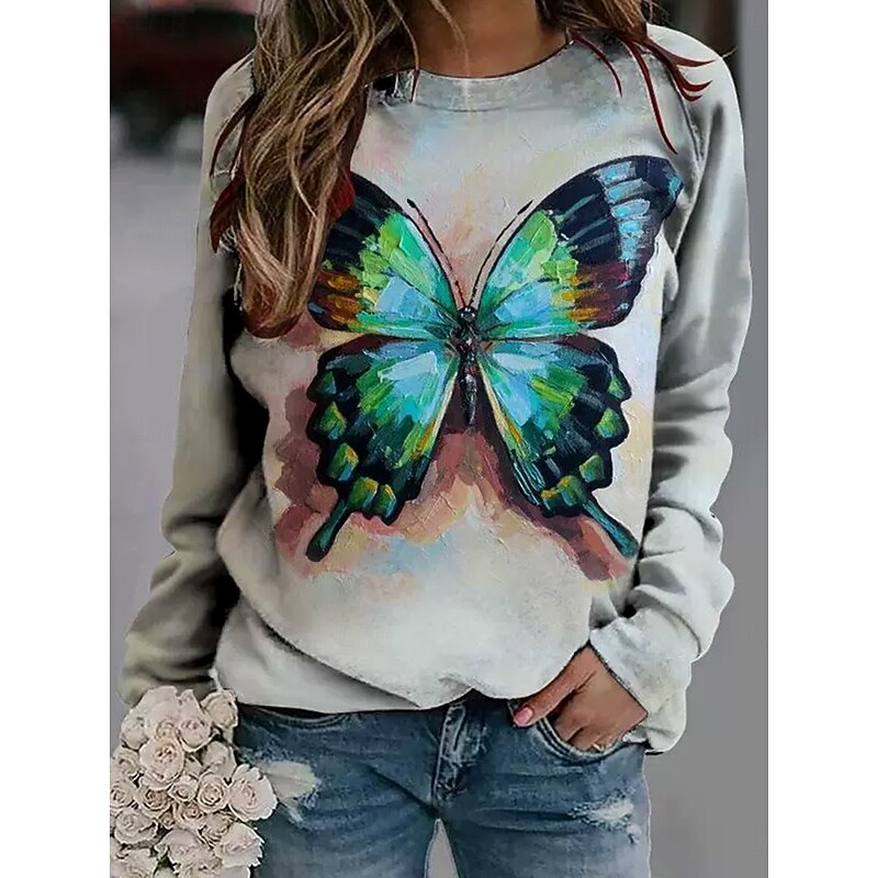 Women's Pullover Graphic Animal Butterfly Casual Long Sleeve Round Neck Regular Tops Casual Blue Light Grey Dark Gray Fall Winter2