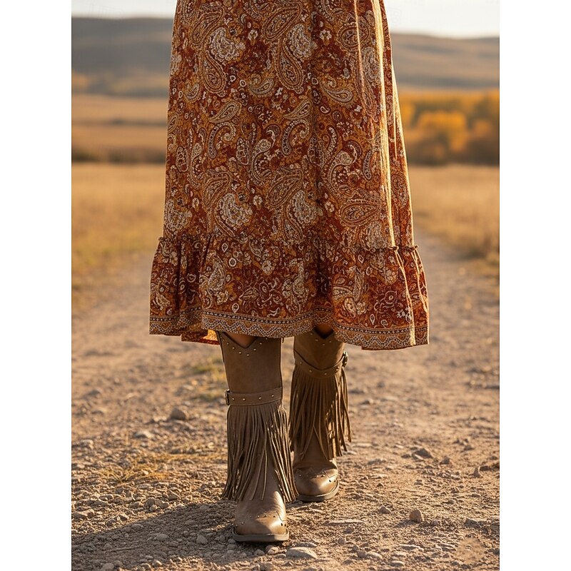 Women's Brown Faux Leather Fringe Knee-High Boots with Studded Details and Low Block Heels, Bohemian Western Cowboy Style Footwear4