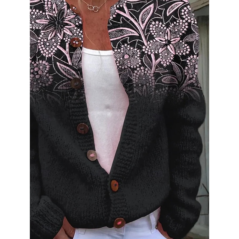 Women's Cardigan Fashion Daily Casual Floral Graphic Ribbed Crew Neck Buttons Print Long Sleeve Regular Tops Knit Outdoor Daily Date Pink Fall Winter3