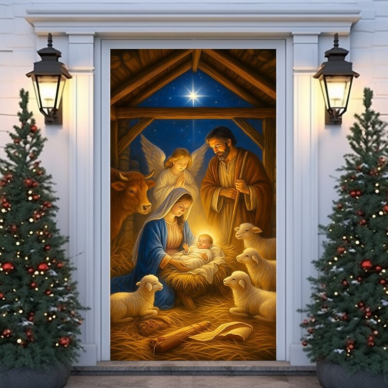 Christmas Door Cover, Angel and Holy Family Nativity Scene Door Curtain, Religious 2025 Xmas Door Hanging for Porch Church Party Home Decoration4