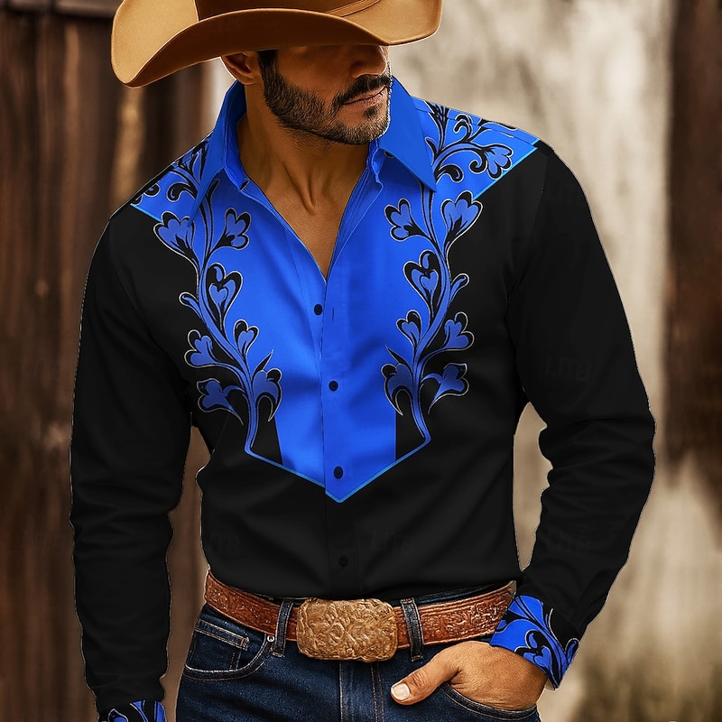 Men's Floral Print Ethnic Flowers Shirt Western Shirt Button Up Shirt Long Sleeve Vintage Retro Outdoor Casual WorkWear Spring Fall Turndown 3D Print Collared Shirts Black White