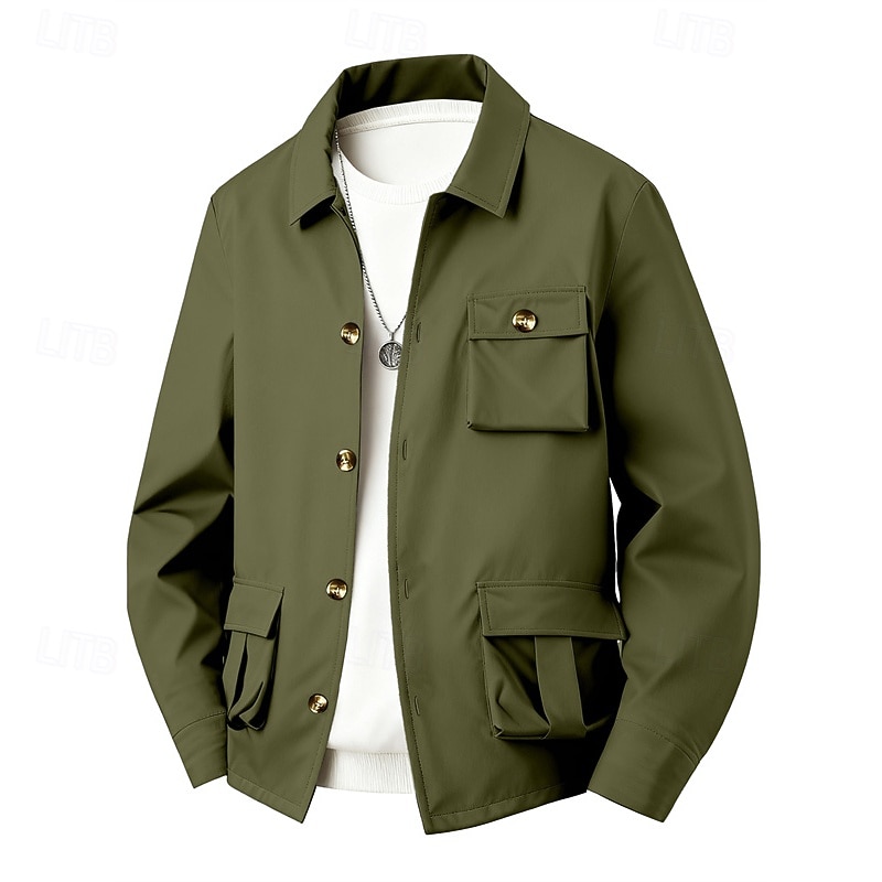 Men's Lightweight Jacket Cargo Jacket Casual Jacket Vacation Daily Waterproof Pocket Spring Fall Plain Fashion Classic Lapel Regular Black Navy Blue Khaki Army Green Gray Jacket
