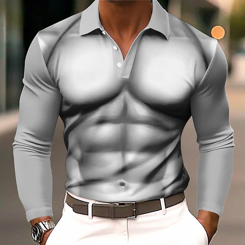 Men's Simulation Polo Long Sleeve Polo Shirts Lapel Casual Street Daily Wear 3D Print Buttons Spring Fall Winter Dark Brown Green Gray3