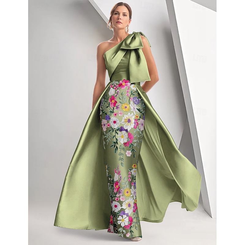 Floral Embroidered A-Line Evening Gown Elegant Dress Formal Wedding Floor Length Sleeveless One Shoulder Satin with Bow(s) Slit2