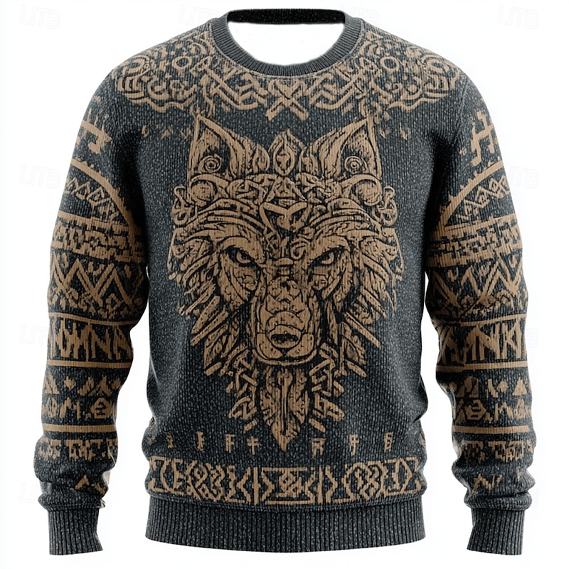 Men's Animal Wolf Viking Pullover Sweater Jumper Knitwear Crewneck Retro Vintage Casual Vacation Daily 3D Print Keep Warm Long Sleeve Fall Winter Brown Gray2