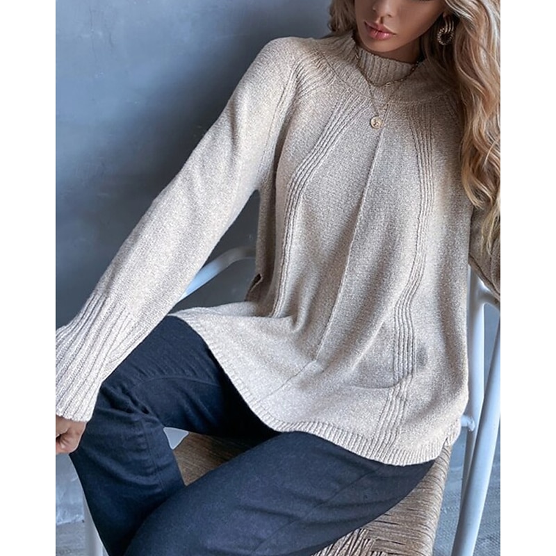 Women's Sweater Pullover Fashion Casual Solid Color Ribbed Crew Neck Mock Neck Knitted Long Sleeve Regular Tops Knit Outdoor Daily Weekend Wine Red Black Fall Winter2