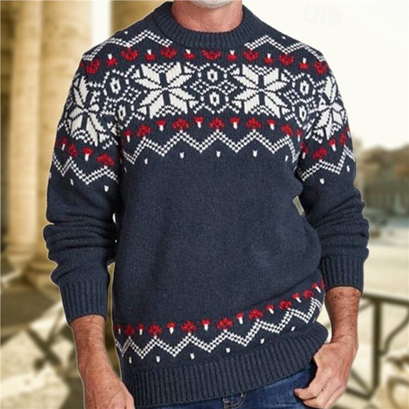 Christmas Men's Snowflake Fair isle Sweater Pullover Sweater Jumper Knitwear Crewneck Casual Vacation Daily 3D Print Keep Warm Long Sleeve Spring Fall Winter Navy Blue