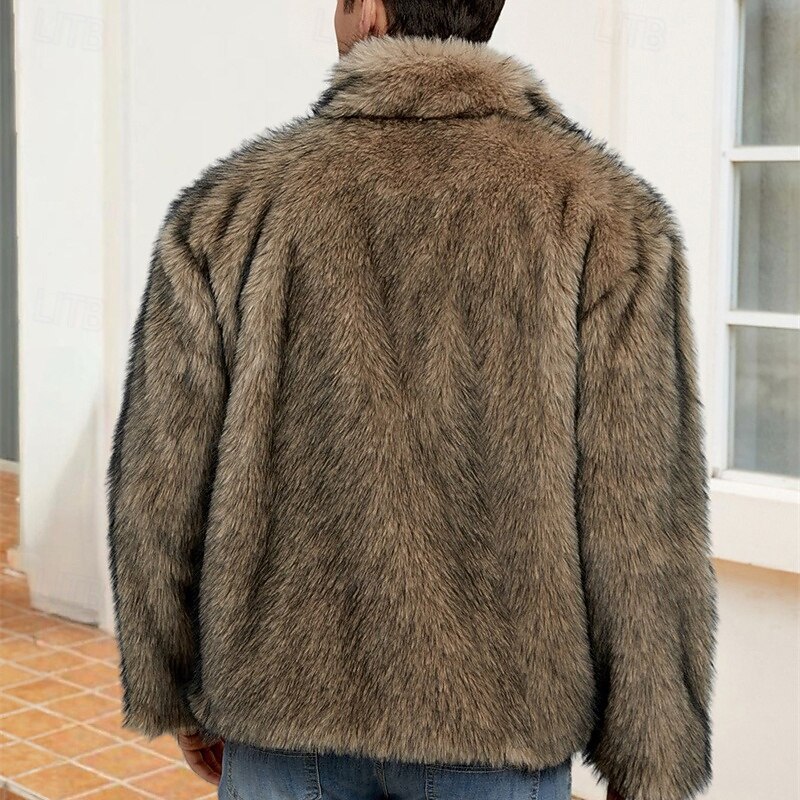Men's Casual Jacket Faux Fur Coat Vacation Daily Thermal Warm Plush Fall Winter Plain Fashion Streetwear Standing Collar Regular Black White Yellow Royal Blue Camel Jacket3