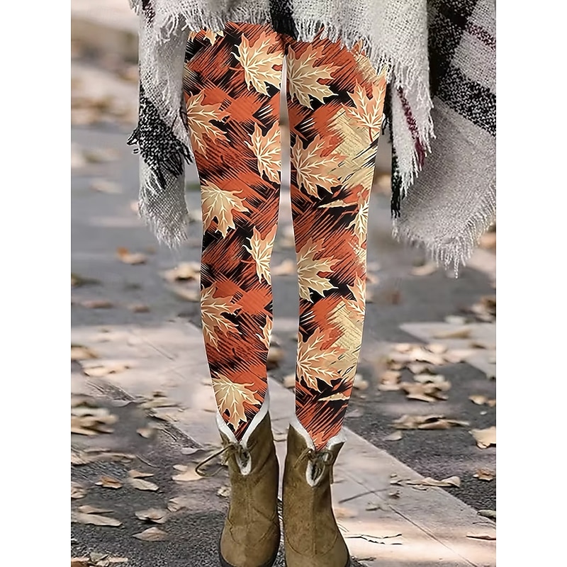 Women's Leggings Vacation Vintage Fashion Full Length High Waist Graphic Leaf Printing Thermal Warm Soft Breathable Stretchy Formal Outdoor Vacation Earth Yellow Spring Fall Slim Fit