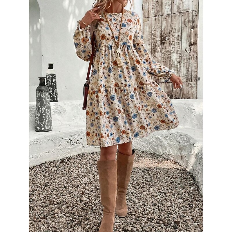 Women's Midi Dress A Line Dress Casual Daily Regular Fit Floral Long Sleeve V Neck Apricot Spring Fall2