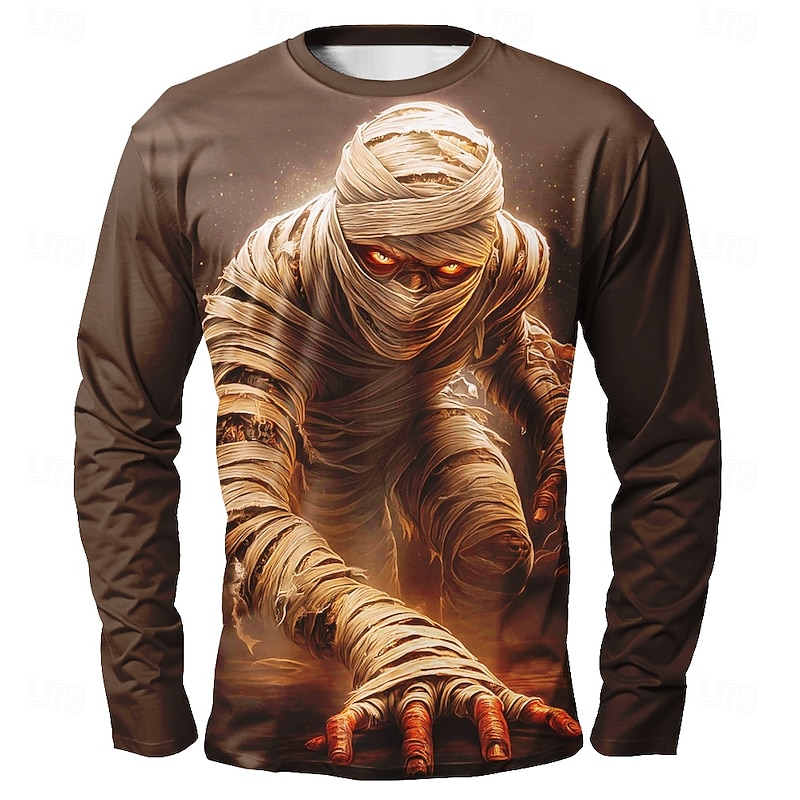 Halloween Men's Optical Illusion 3D Mummy T Shirt Long Sleeve T shirt 3D Print Crew Neck Shirt Fashion Exaggerated Street Casual Daily Black Brown Dark Gray Summer Spring Fall Clothing Apparel S M L2