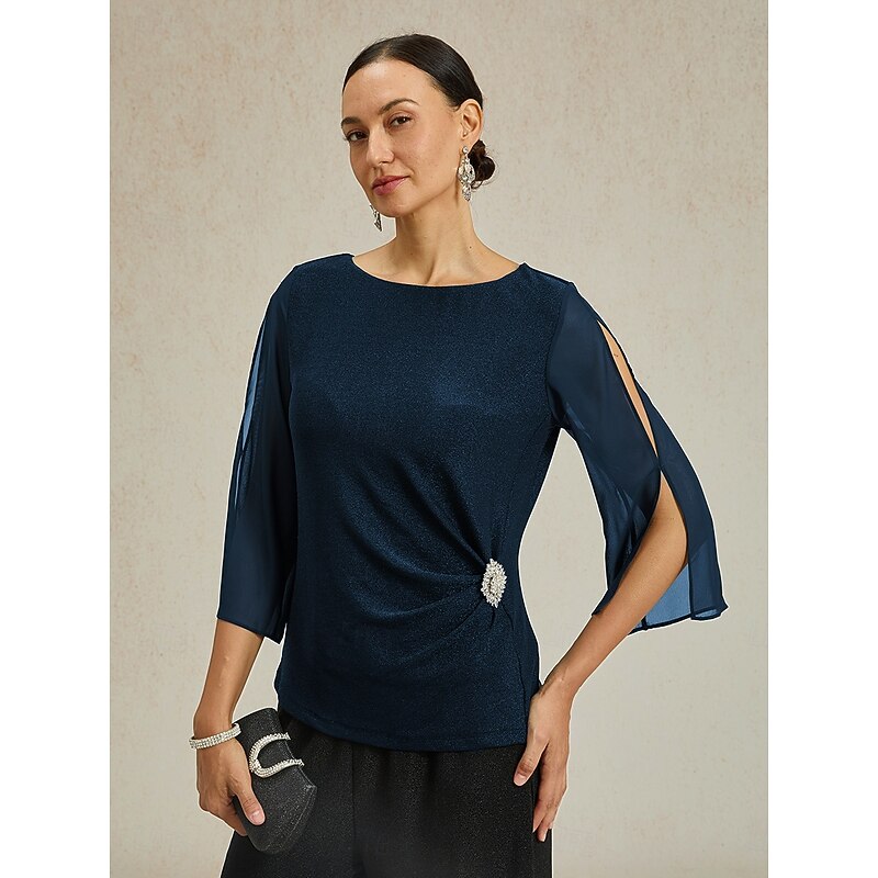 Women's Dressy Tops Solid Color Elegant Vintage Daily 3/4 Length Sleeve Crew Neck Regular Tops Wedding Guest Evening Party Date Night Outfits Glitter Navy Blue Spring, Fall, Winter, Summer