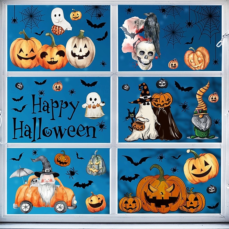 8 Sheets Halloween Window Clings, Cartoon Hand-Drawn Gnome Pumpkin Decals, Static Stickers for Windows, Halloween Party Home & Store Decorations2