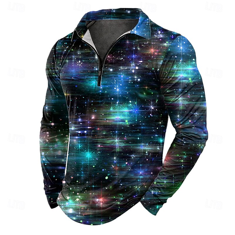 Men's Space Zip Polo Shirts Long Sleeve Polo Shirts Lapel Casual Outdoor Daily Wear 3D Print Fall Winter Blue Purple Orange2