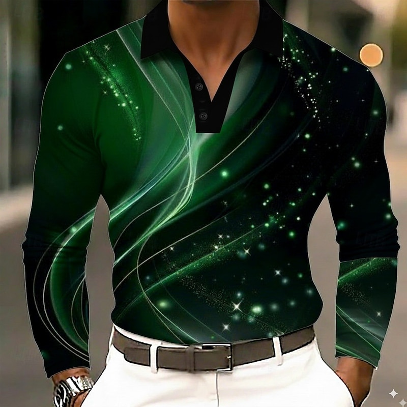 Men's Geometric Abstract Polo Long Sleeve Polo Shirts Lapel Business Casual Outdoor Street Athleisure Daily Wear 3D Print Buttons Spring Fall Winter Blue Purple Green - Main Image