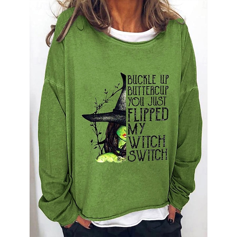 Halloween Women's Sweatshirts Witch Graphic Letter Vintage Fashion Casual Long Sleeve Crew Neck Regular Tops Street Casual Print Blue Brown Green Fall Winter