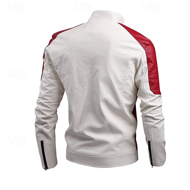 Men's Faux Leather Jacket Biker Jacket Motorcycle Jacket Vacation Daily Windproof Patchwork Pocket Spring Fall Plain Fashion Classic Stand Collar Regular Black White Red Brown Jacket2