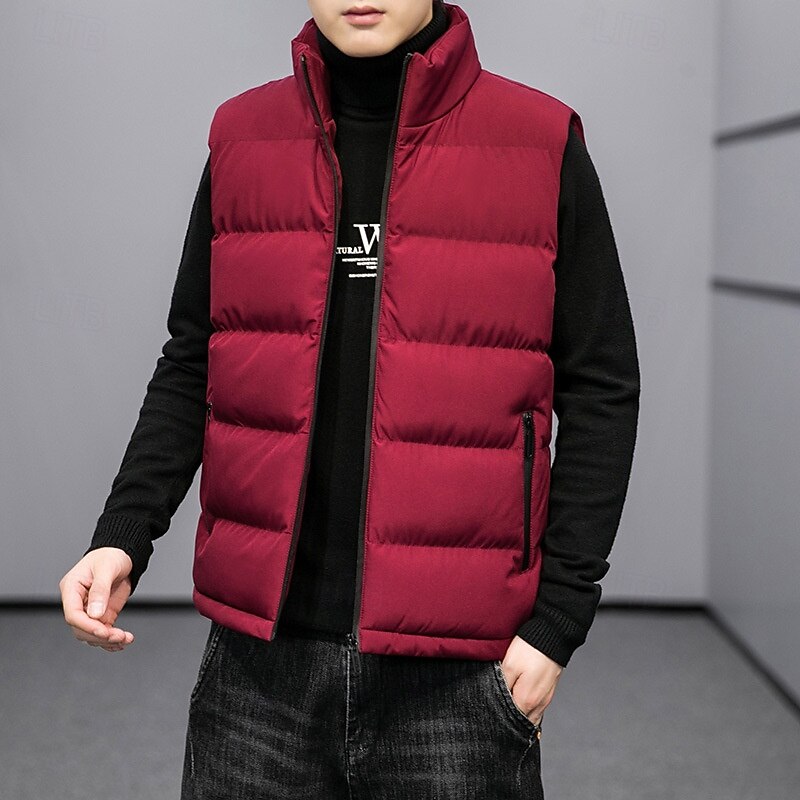 Men's Puffer Vest Vest Gilet Vacation Daily Date Fashion Casual Fall Winter Pocket Polyester Warm Comfortable Solid Color Zipper Stand Collar Regular Fit Black Red Light Grey Dark Blue Vest4