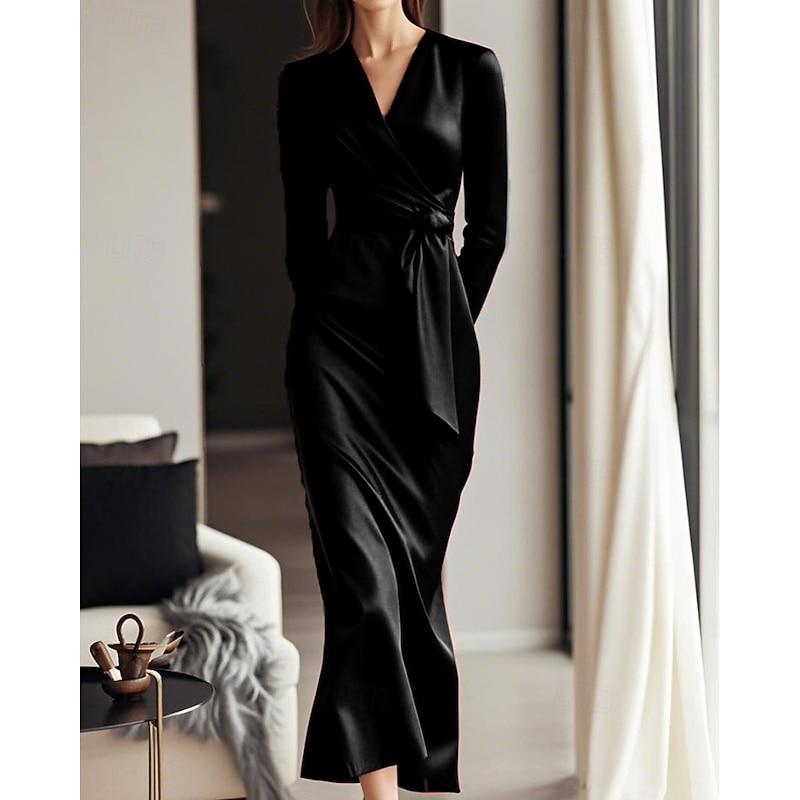 Women's Midi Dress Party Dress Cocktail Dress Satin Dress Elegant Modern Party Evening Party Regular Fit Plain Long Sleeve V Neck Black Wine Fall Winter2