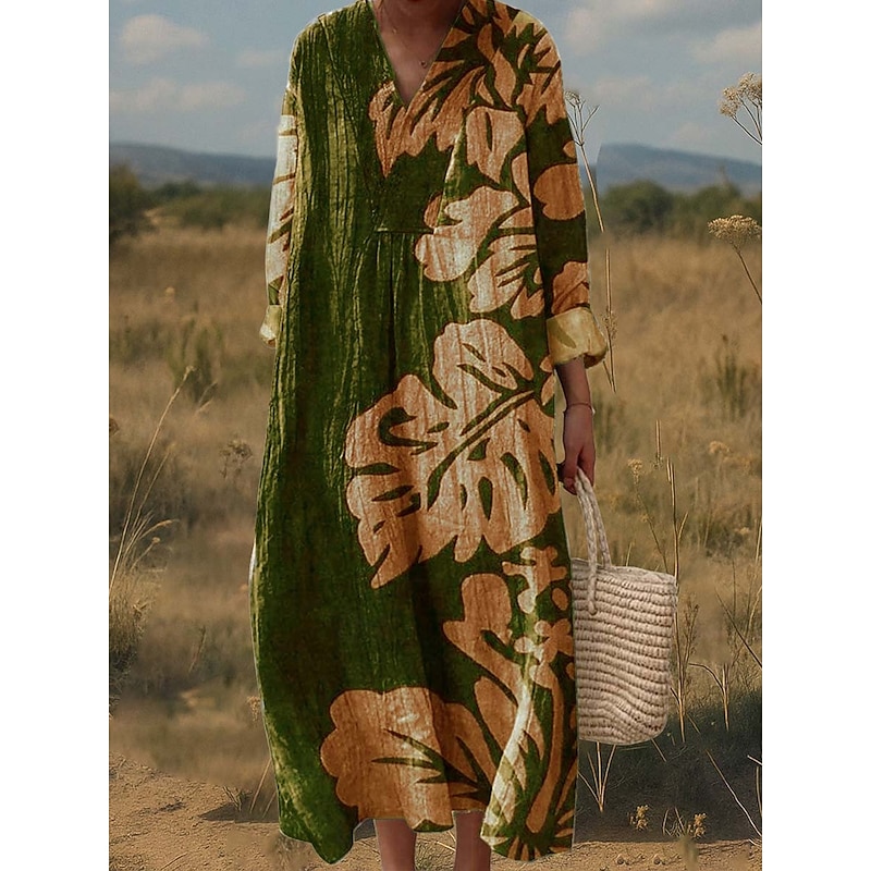 Women's Maxi Dress A Line Dress Fit And Flare Dress Party Casual Boho Party Daily Going out Loose Fit Graphic Geometric Tropical Long Sleeve V Neck Black Red Blue Green Spring Fall Winter Autumn4