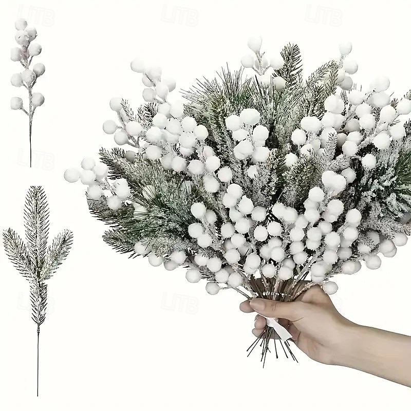 12pcs Christmas Winter White Artificial Holly and Cedar Branches with Snow-Flocked Pine Leaves, Perfect for DIY Wreaths, Christmas Tree, Holiday Home and Outdoor Decorations