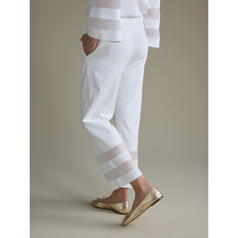 Women's White Modal Cropped Pants with Sheer Chiffon Hem Elastic Waist Loose Fit Comfortable Stylish Daily Work Fall4