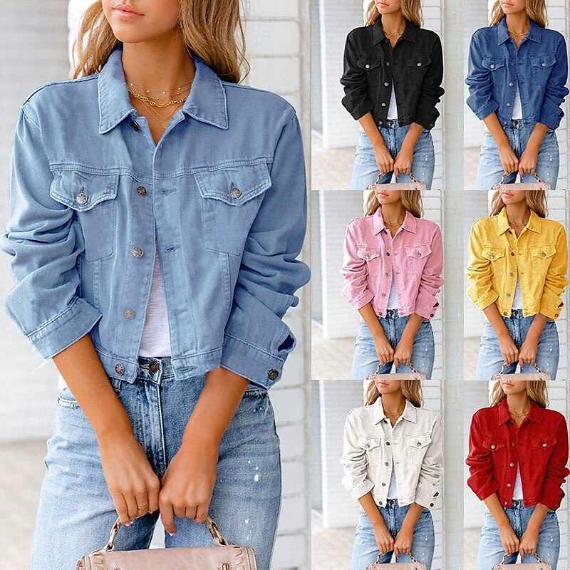 Women's Denim Jacket Comfortable Pocket Buttons Elegant Fashion Outdoor Plain Going out Casual Daily Weekend Cardigan Regular Lapel Regular Fit Long Sleeve Outerwear Black White Yellow Spring Fall