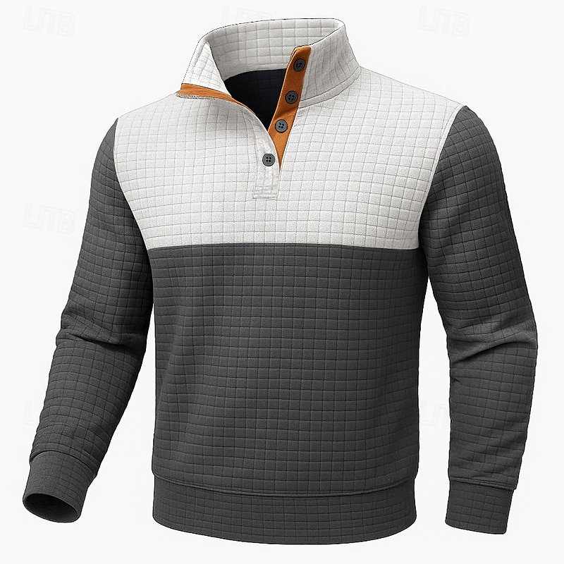 Men's Sweatshirt Waffle Sweatshirt Pullover Hoodie Sweatshirt Pullover Button Up Hoodie Navy Blue Khaki Beige Gray Standing Collar Plain Patchwork Color Block Sports & Outdoor Casual Daily Streetwear
