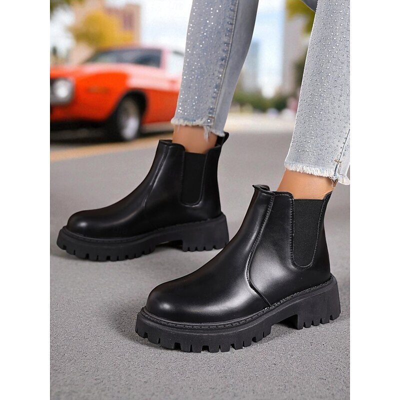 Women's Black Chunky Chelsea Ankle Boots – Faux Leather Slip-On Booties with Lug Soles for Fall Street Style and Casual Outfits3