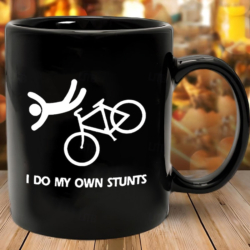 Funny Gift Mug 11oz Black Ceramic I Do My Own Stunts Coffee Cup with Bicycle Crash Graphic Humorous Gag Gift for Men Women Friends Cyclist Office Home