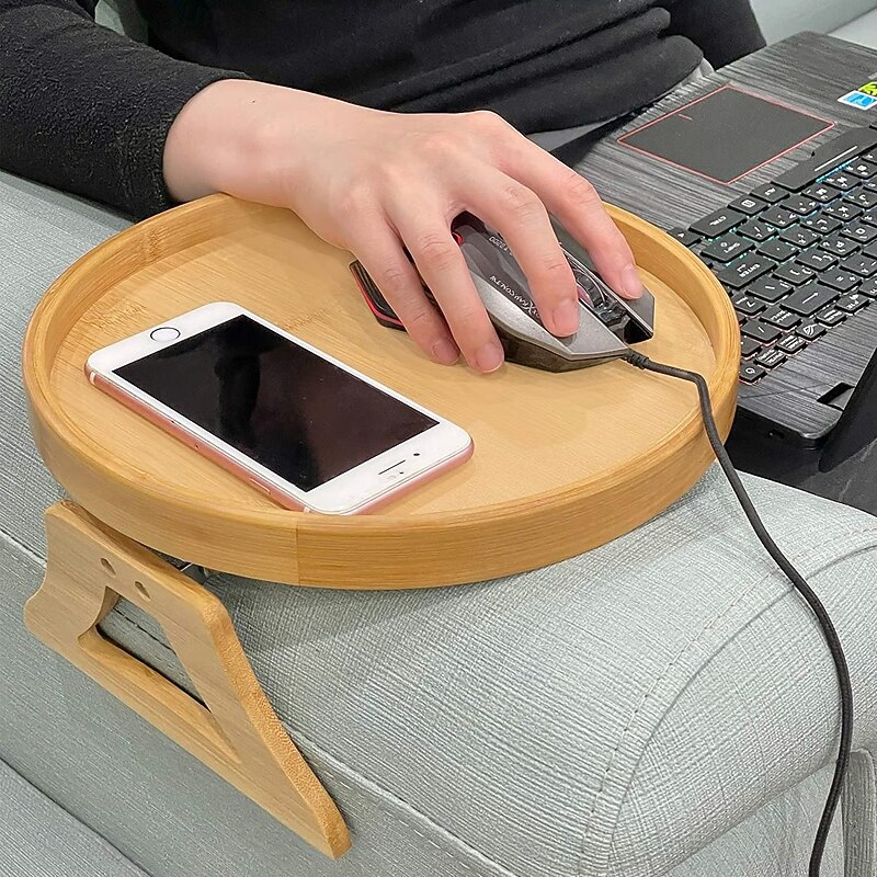 Sofa Armrest Tray Wooden Folding Round Table Cozy Couch Arm Clip Holder Flexible Non Slip Drink Snack Remote Control Organizer Portable Living Room Sofa Side Accessory2