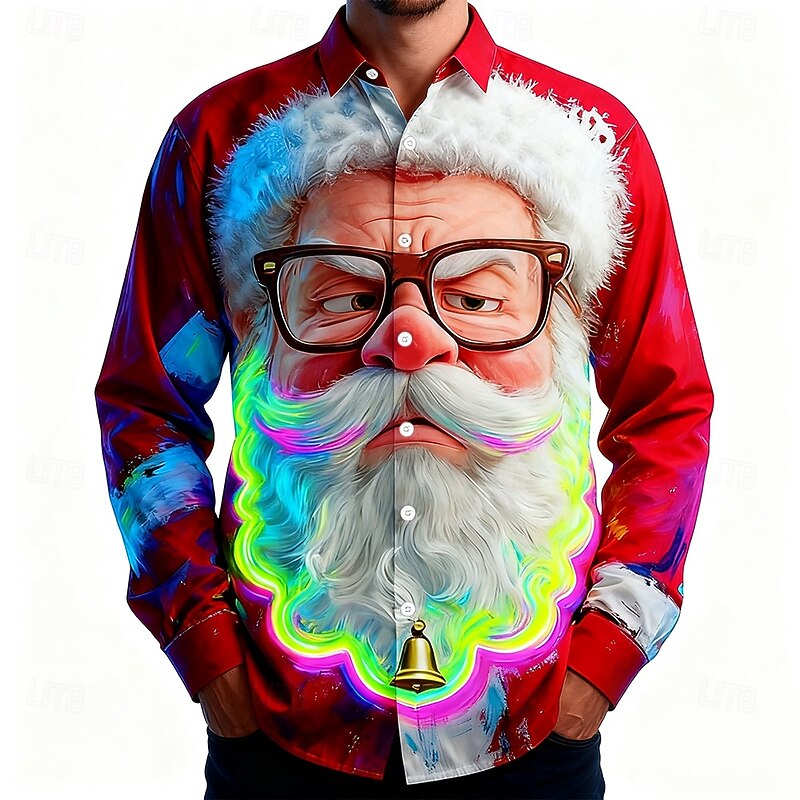 Christmas Men's Santa Claus Smile Face Neon Glow Shirt Button Up Shirt Long Sleeve Funny Outdoor Holiday Spring Fall Turndown 3D Print Collared Shirts Red 1 Red 3 Red Red 23