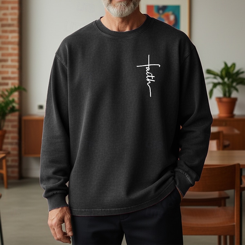 Men's Sweatshirt Distressed Hoodie Apricot Black Pink Army Green Brown Crew Neck Letter Faith Print Daily Holiday Going out 100% Cotton Vintage Retro Casual Fall Winter Clothing Apparel Hoodies2