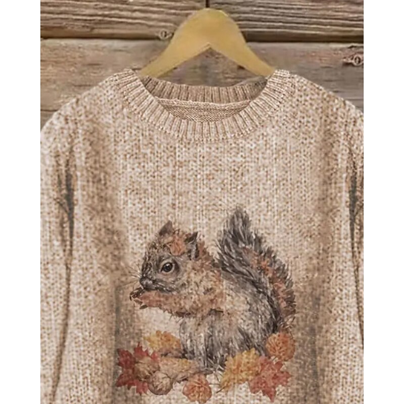 Women's Sweater Pullover Streetwear Casual Floral Crew Neck Knitted Print Long Sleeve Regular Tops Knit Outdoor Daily Going out Khaki Fall Winter2