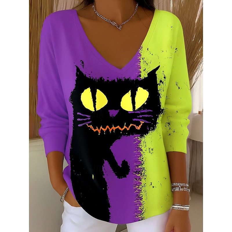 Halloween Women's Blouse Black Cat Print Skull Cat Stylish Casual Funny Long Sleeve V Neck Regular Tops Daily Weekend Print Purple Fall Winter