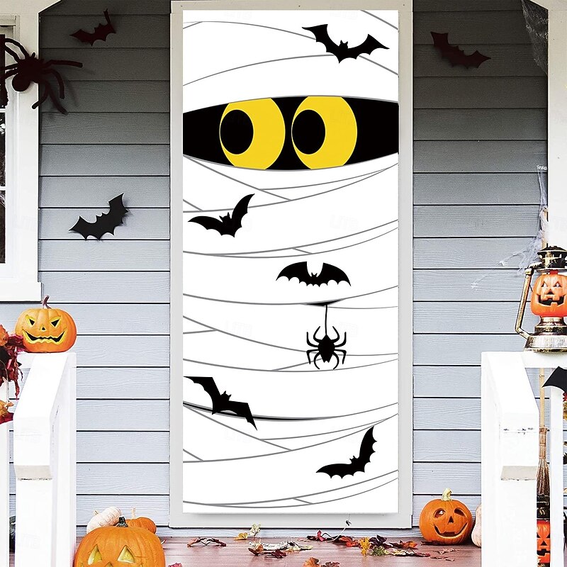Halloween Door Covers Orange Spider Web Wooden Board Design Door Tapestry Door Curtain Decoration Backdrop Front Door Banner Farmhouse Holiday Party Indoor Outdoor Haunted Halloween Decor Supplies