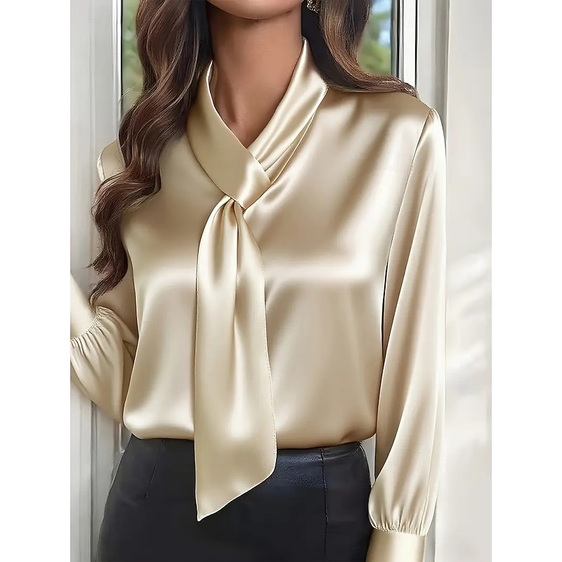 Women's Elegant Dressy Satin Blouse Plain Elegant Daily Stylish Long Sleeve V Neck Regular Tops Daily Black White Khaki Fall3