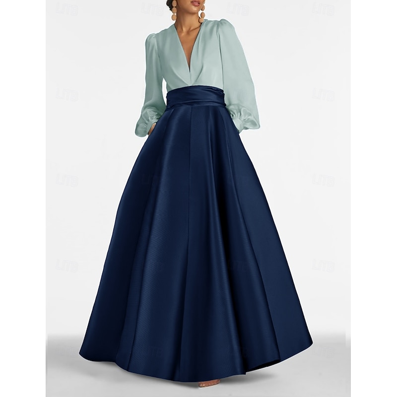 A-Line Evening Gown Elegant Dress Formal Wedding Guest Floor Length Long Sleeve V Neck Satin with Ruched4