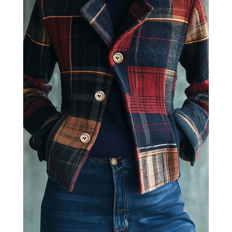 Women's Blazer Warm Comfortable Pocket Buttons Casual Plaid Vacation Going out Weekend Regular Stand Collar Regular Fit Long Sleeve Outerwear Red Fall Winter3